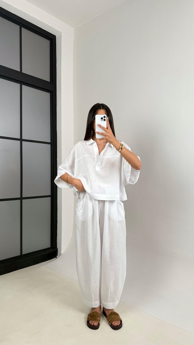 Beyaz Polo Yaka Yarasa Kol Bluz Şalvar Pantolon Md Muadil Premium Keten Takım Gaus00542