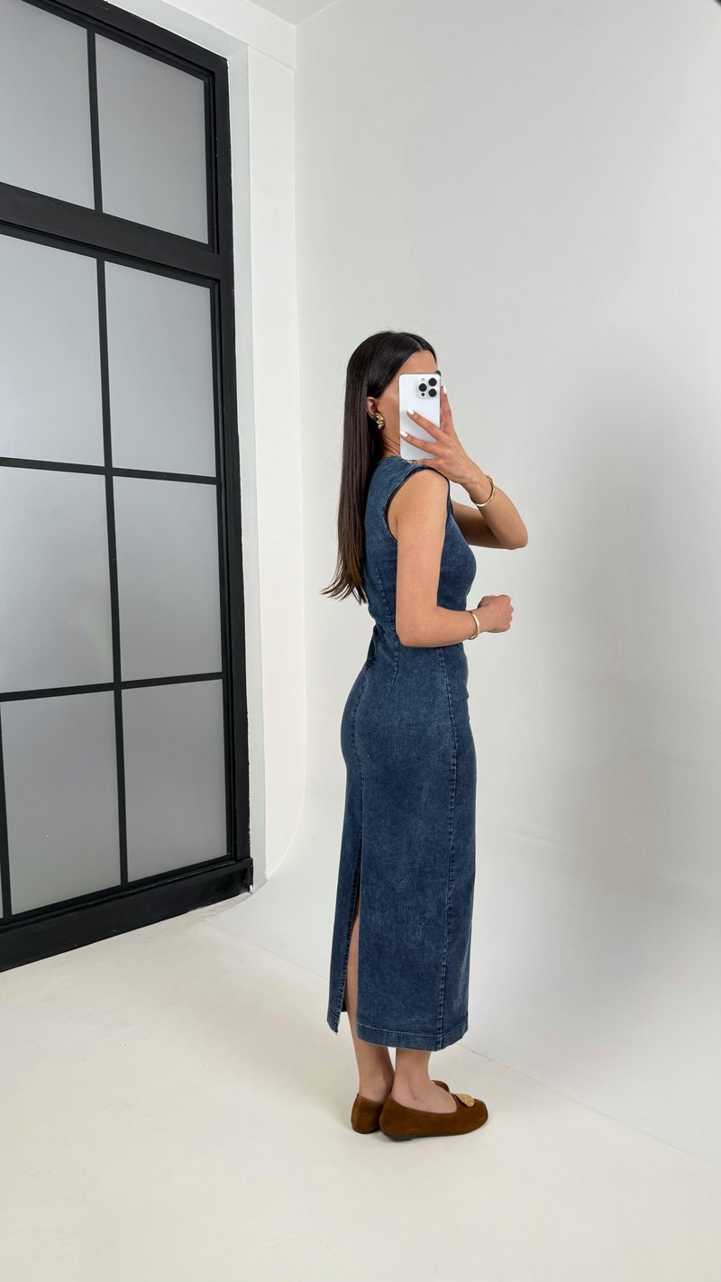 Lacivert Yıkamalı Gold Detaylı Yırtmaçlı Denim Elbise DNM01 Gaus00375