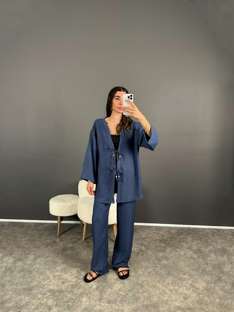 Gai Lacivert Kimono Keten Takım