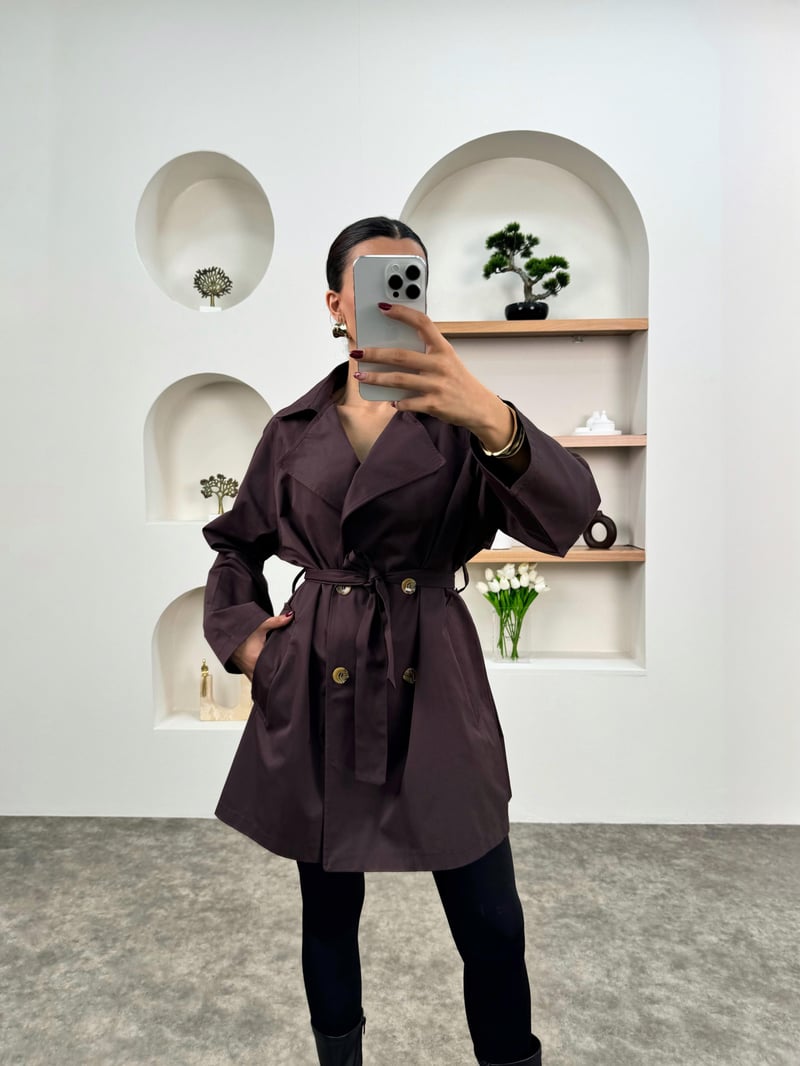 Anabel Acı Kahve Kemerli Orta Boy Astarsız Trençkot