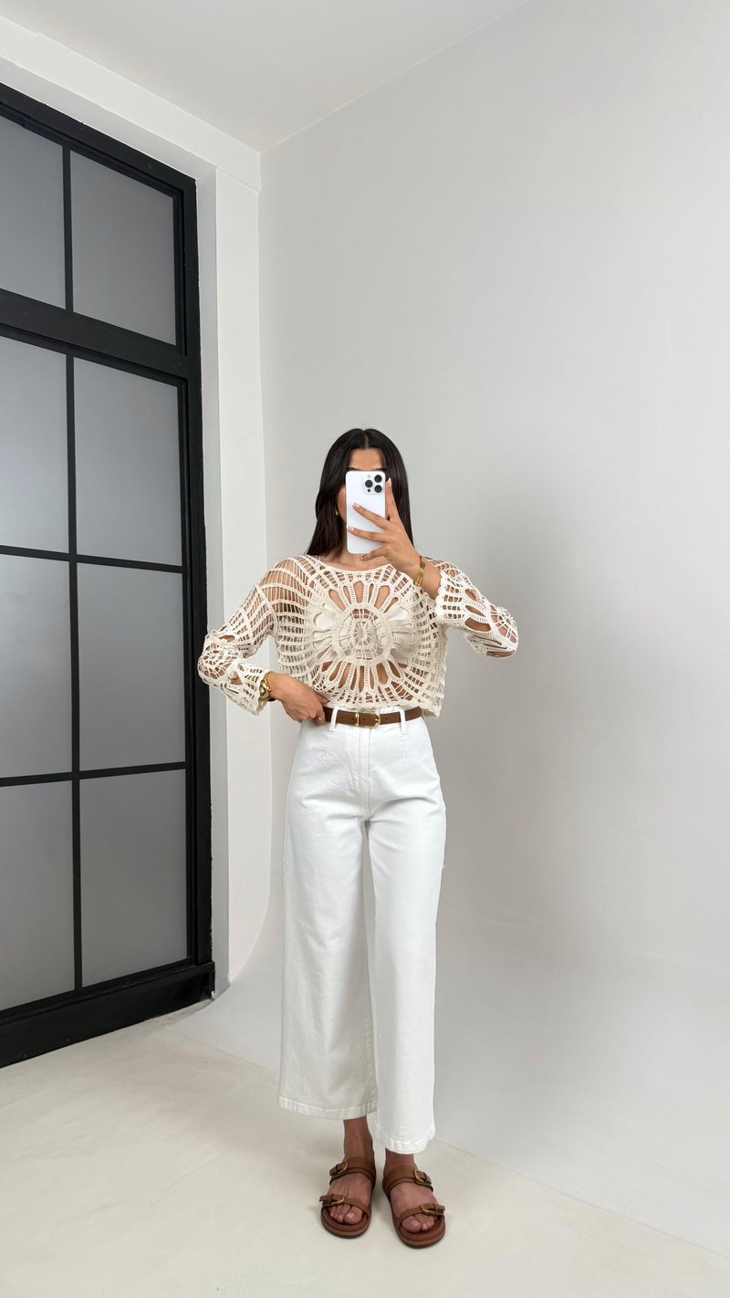 Beyaz Kemerli Yüksek Bel Denim Pantolon Gaus00548