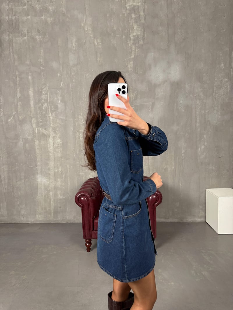 Renita Koyu Mavi Denim Düğmeli Jean Elbise