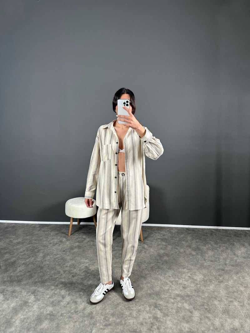 Miley Çizgili Oversize Keten İkili Takım 