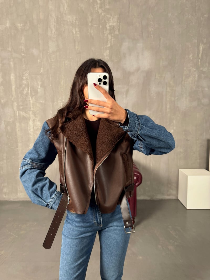 Lordy Kahve Kol Denim Detaylı İçi Kürklü Kemerli Biker Mont