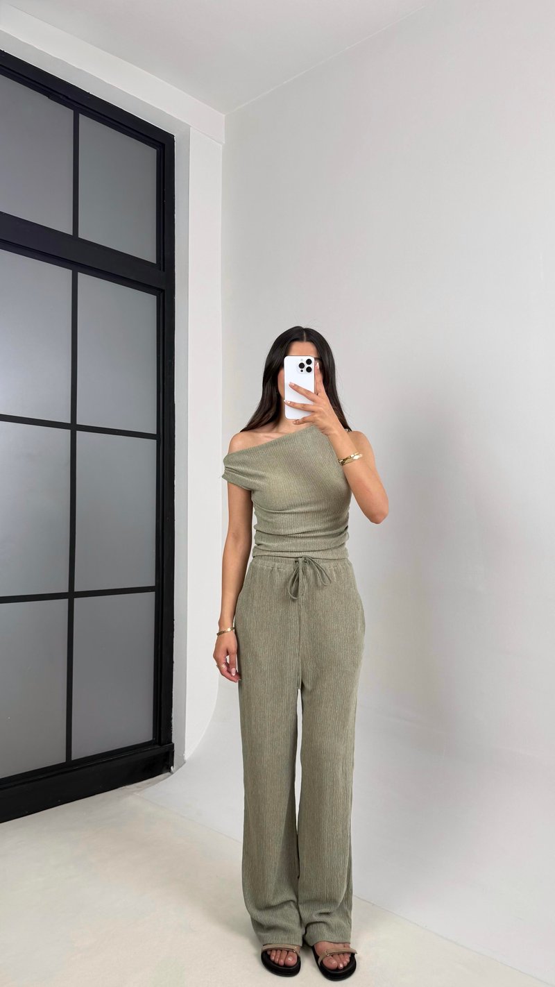 Yeşil Bluz Beli Lastikli Pantolon Bürümcük Takım Gaus00532