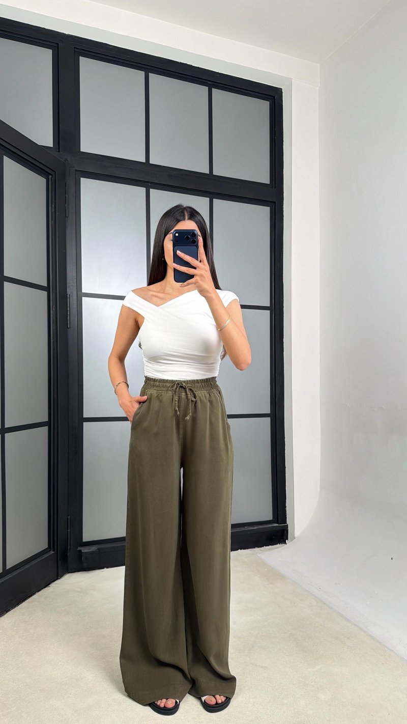 Yeşil Beli Lastikli Tencel Denim Pantolon GAUS-01474