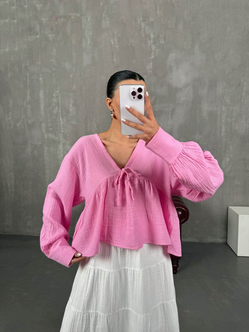 Runo Pembe V Yaka Müslin Gömlek