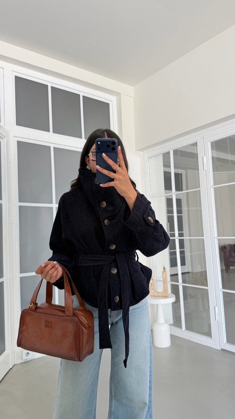 Lacivert Kuşaklı Astarlı Dik Yaka Ceket GAUS-02175