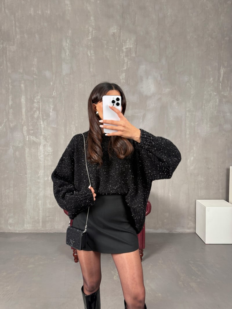 Holis Siyah Simli Oversize Kazak
