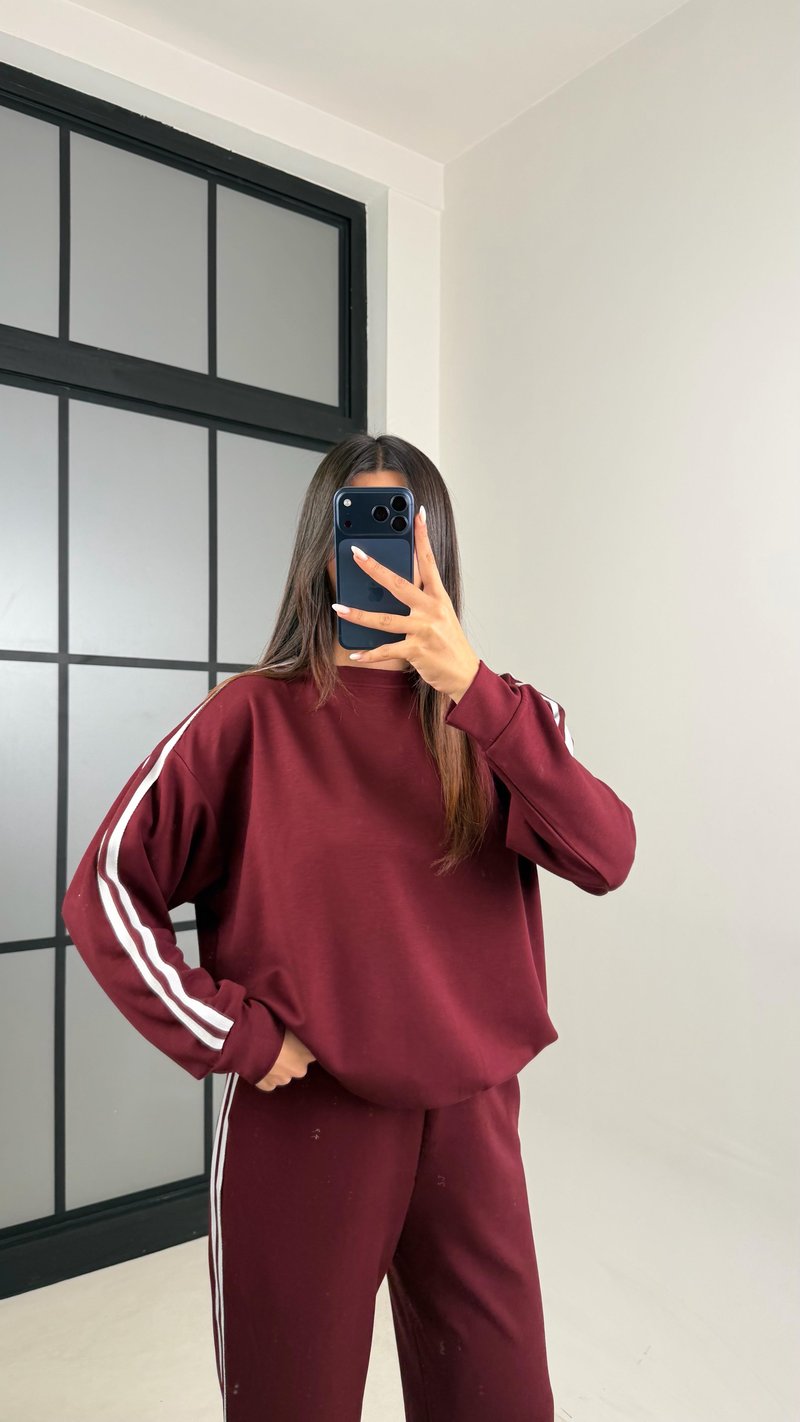 Bordo Şerit Detaylı Sweatshirt Beli Lastikli Eşofman İkili Modal Takım GAUS-00621