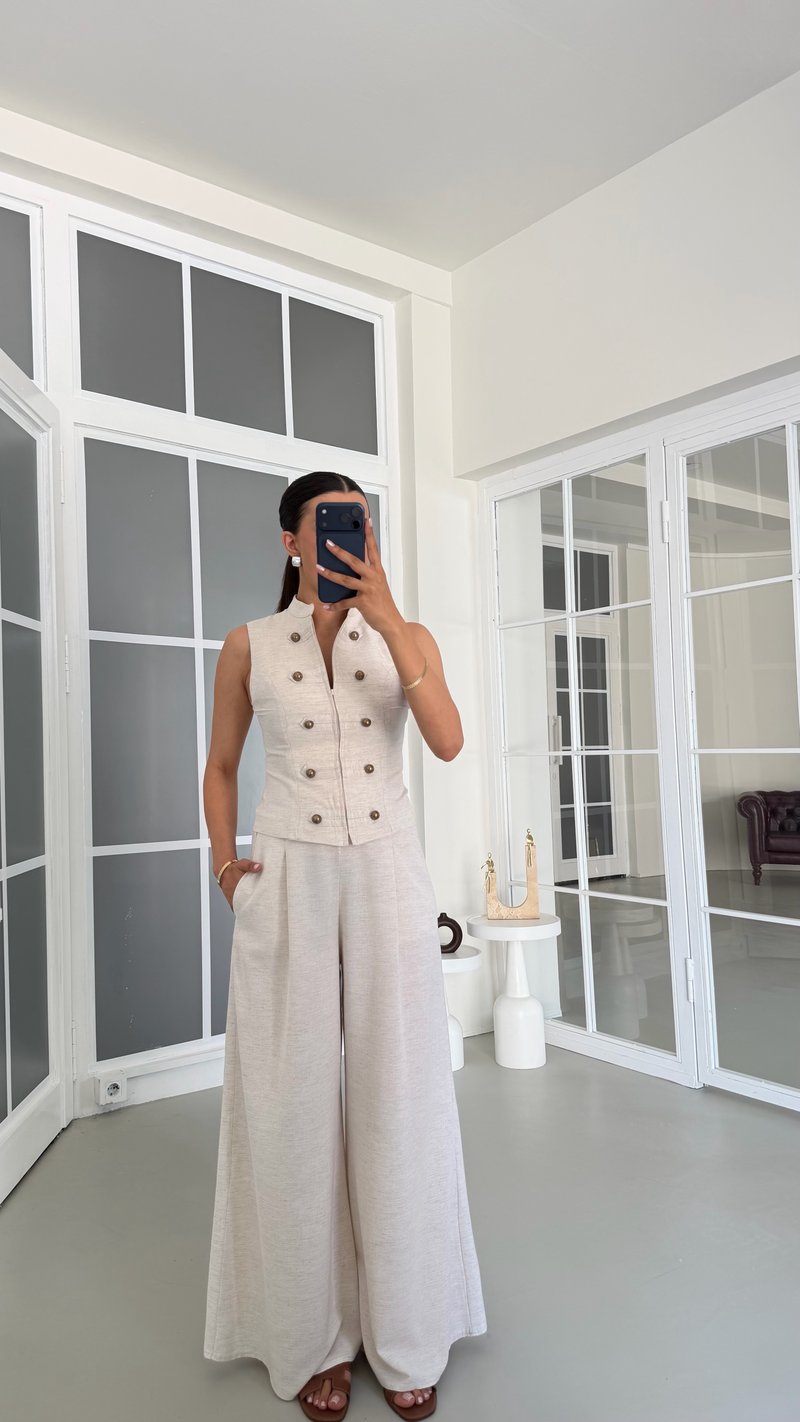 Taş Düğme Detaylı Ceket Pantolon İkili Keten Takım GAUS-01739