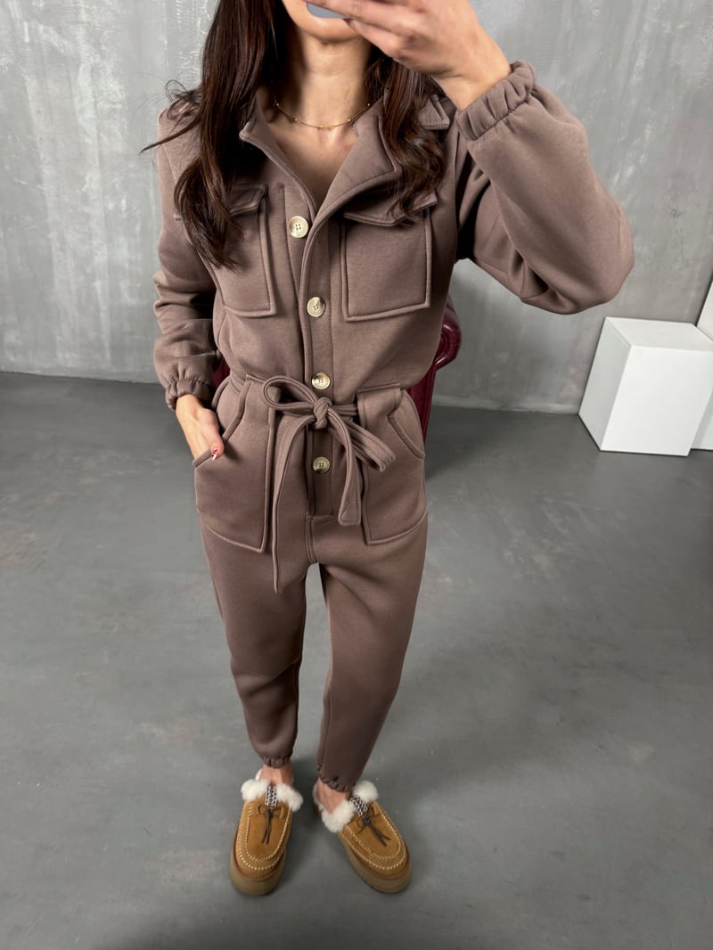 Nuga Kahve Kuşaklı Şardonlu Tulum