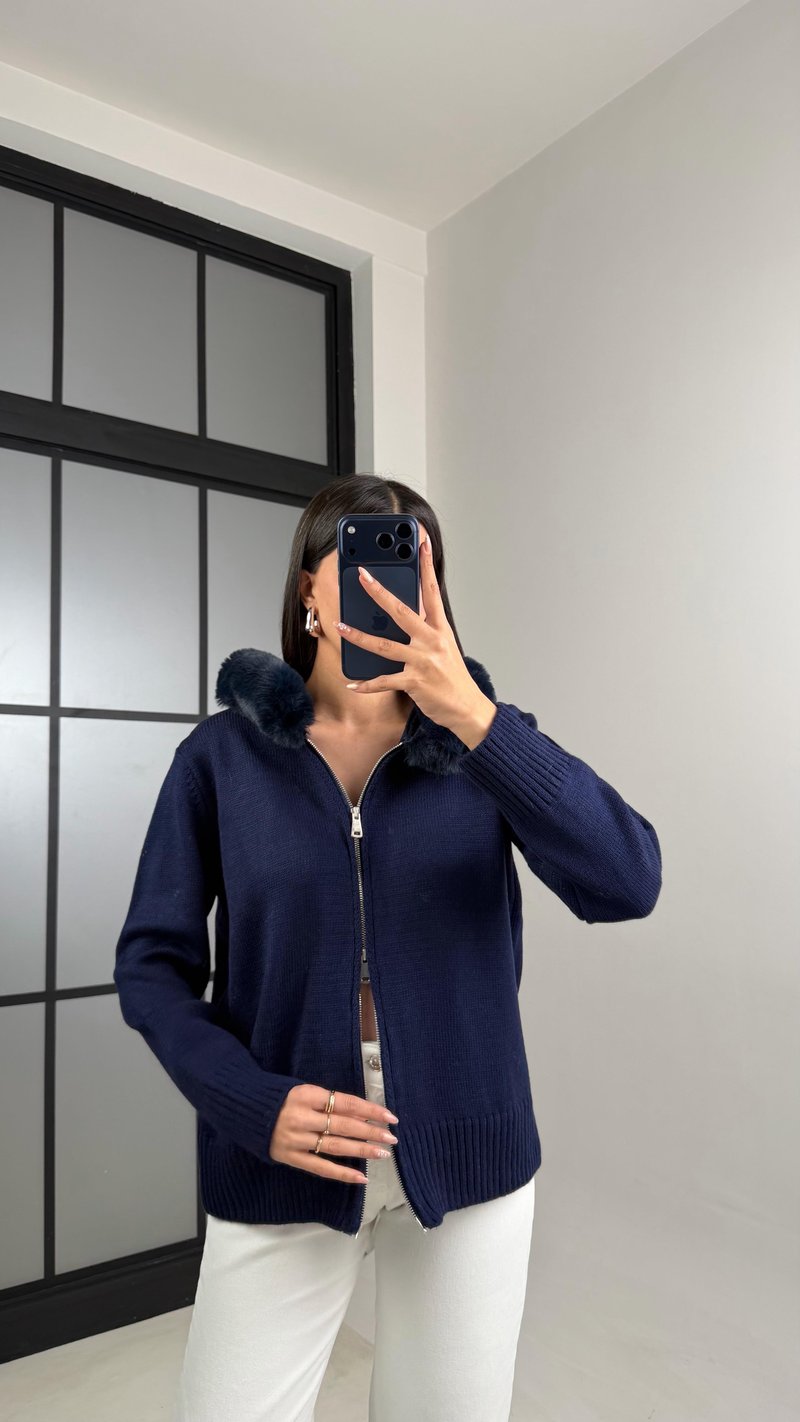 Lacivert Kürk Detaylı Kapüşonlu Triko Hırka GAUS-00883