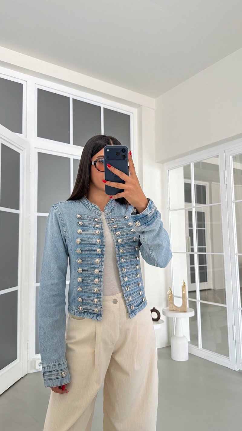 Mavi Apoletli Düğme Detaylı Denim Tasarım Ceket GAUS-01877