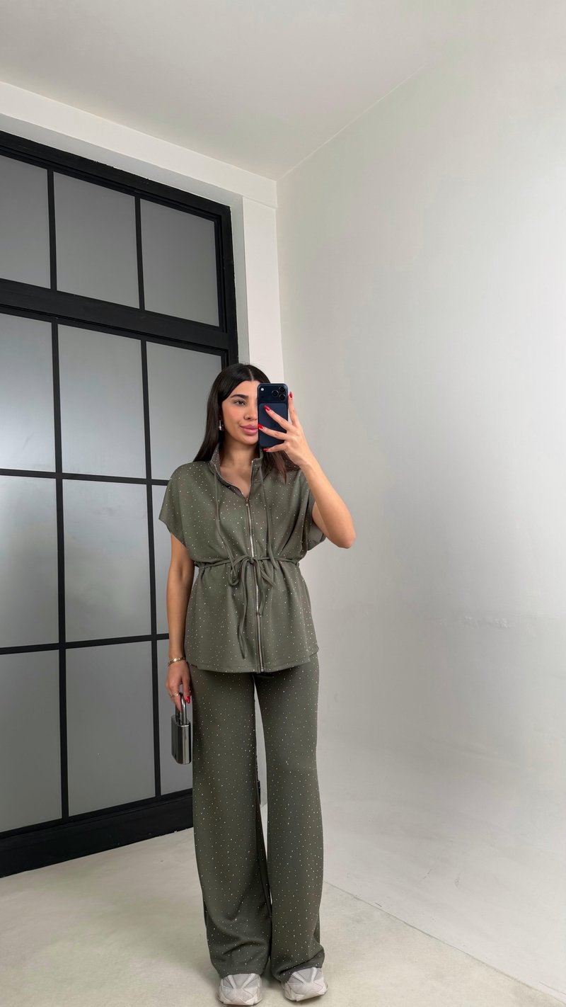 Haki Beli Lastikli Hırka Pantolon Taşlı Modal Takım GAUS-01064