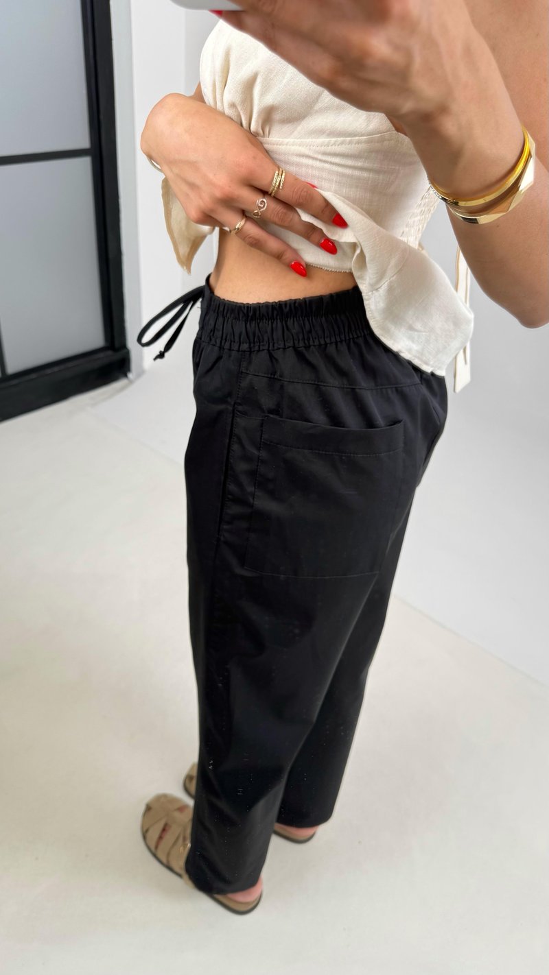 Siyah Beli Lastikli Bağlamalı Cepli Muadil Pantolon Gaus00506 