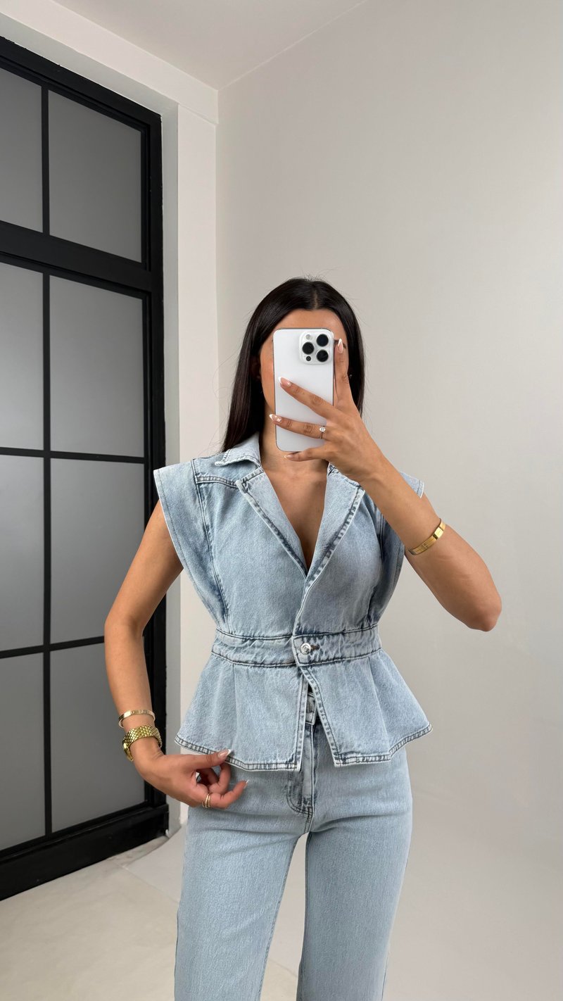 Mavi Düğmeli Denim Tasarım Yelek Gaus00602