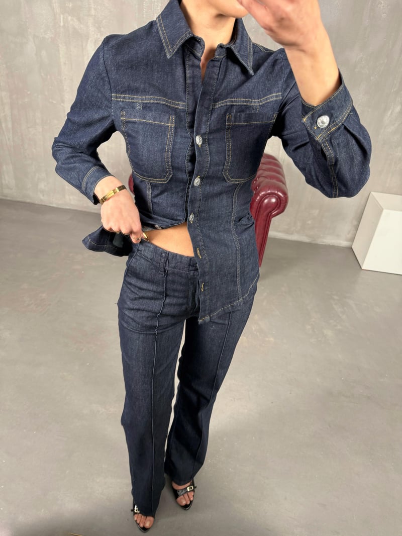 Lacivert Belden Oturtmalı Ceket Pantolon Denim Takım Gaus00084