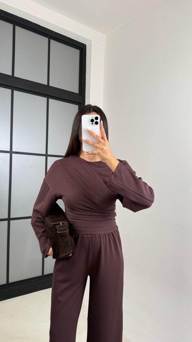 Kahve Yarasa Kol Bluz Beli Lastikli Pantolon Tasarım Modal Takım GAUS-00572