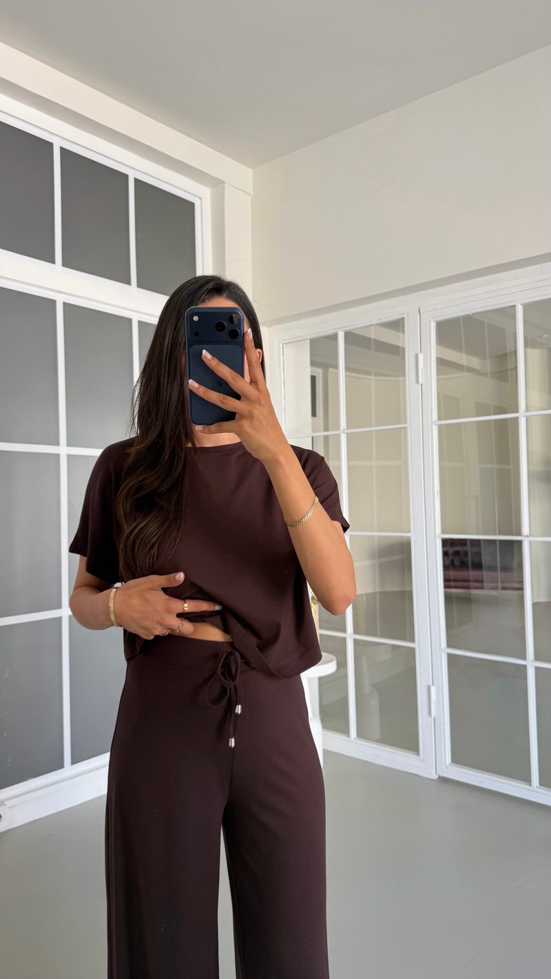 Kahve Bluz Beli Lastikli Pantolon İkili Basic Takım GAUS-01712