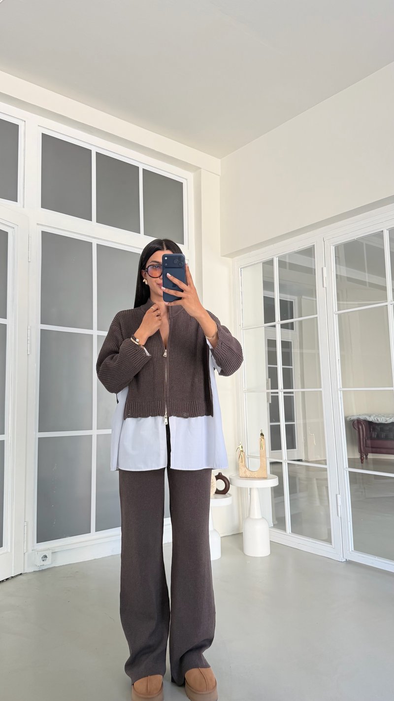 Kahve Gömlek Detaylı Örme Hırka Beli Lastikli Cepli Pantolon İkili Triko Takım GAUS-02132