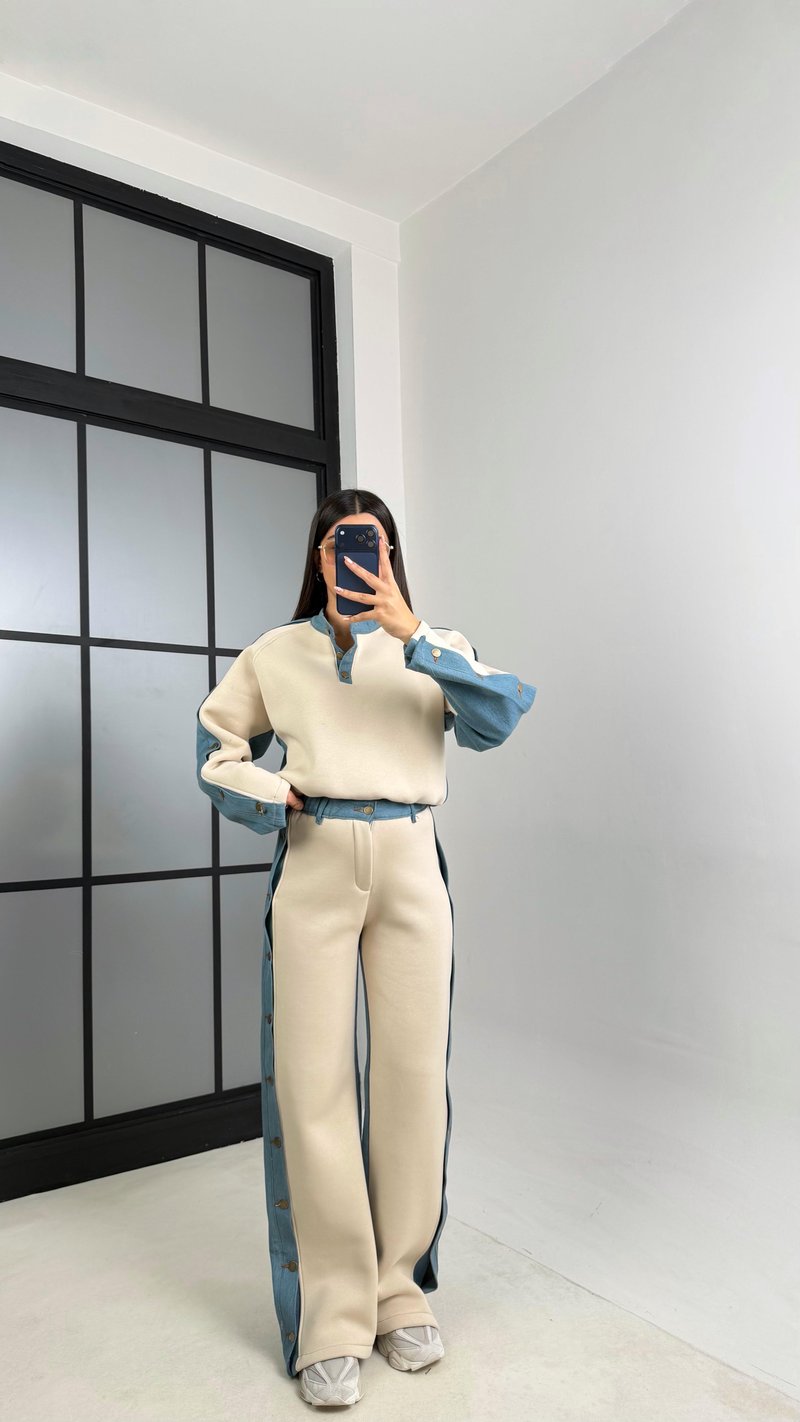 Taş Denim Detaylı Şardonlu Sweatshirt Eşofman Takım GAUS-00839