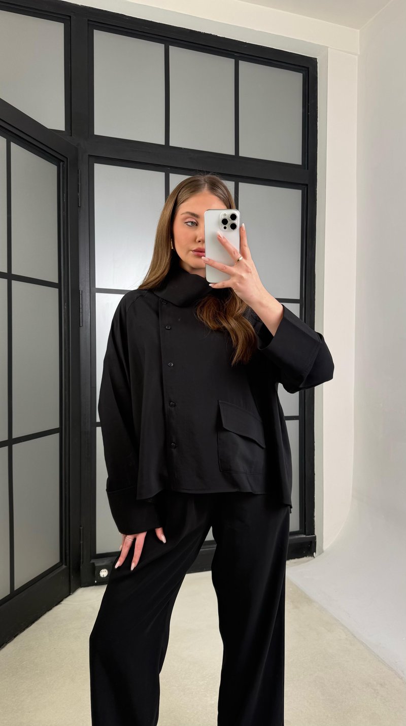 Siyah Gömlek Beli Lastikli Pantolon Cep Detaylı Muadil Tencel Takım GAUS-01225