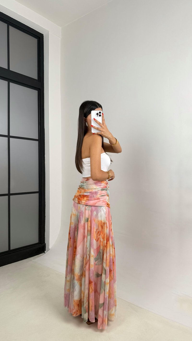 Pembe Çok Renkli Desenli Drape Detaylı Astarlı Şifon Etek GAUS-0023