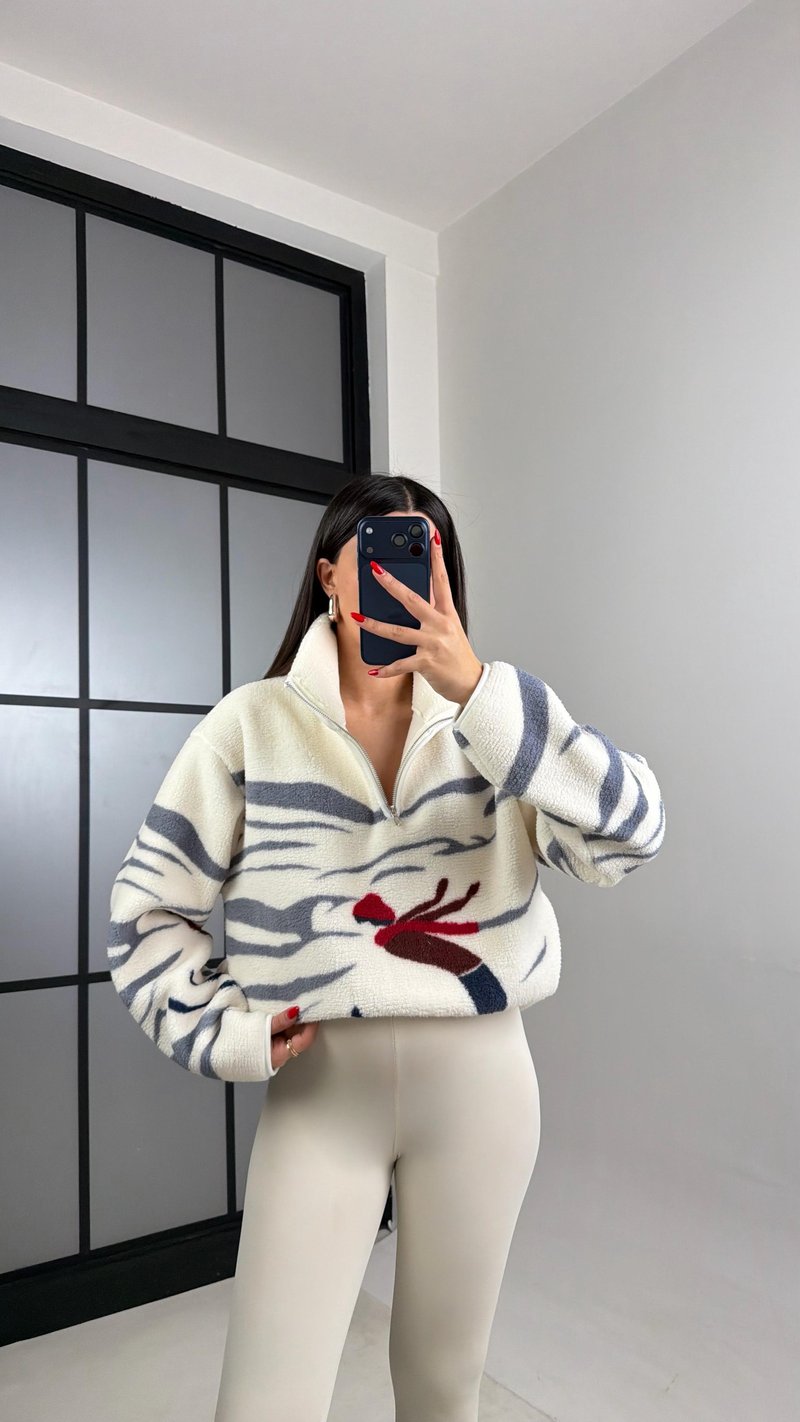 Krem Fermuarlı Kızak Desenli Polar Sweatshirt Gaus-00723 gaus-01029