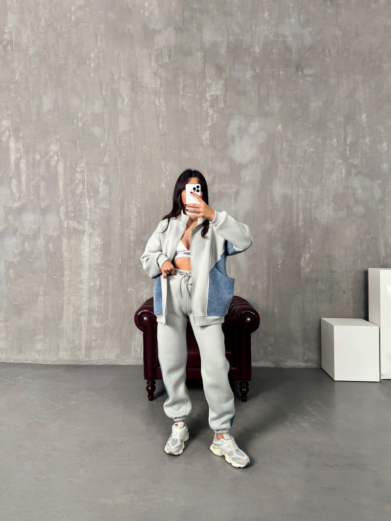Lome Gri Denim Karışımlı Şardonlu Oversize Takım