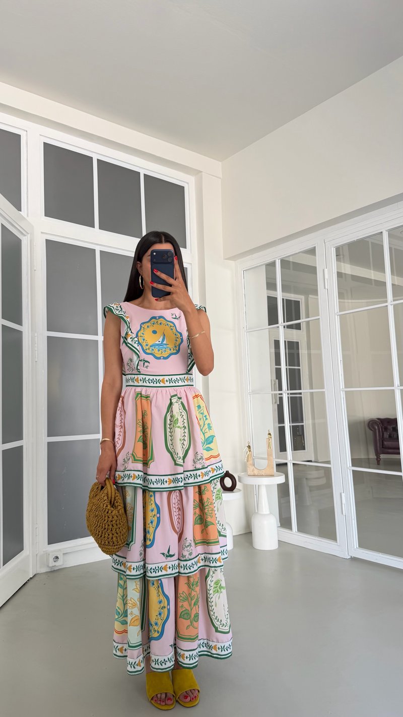 Çok Renkli Desenli Katlı Pinterest Elbise GAUS-01819