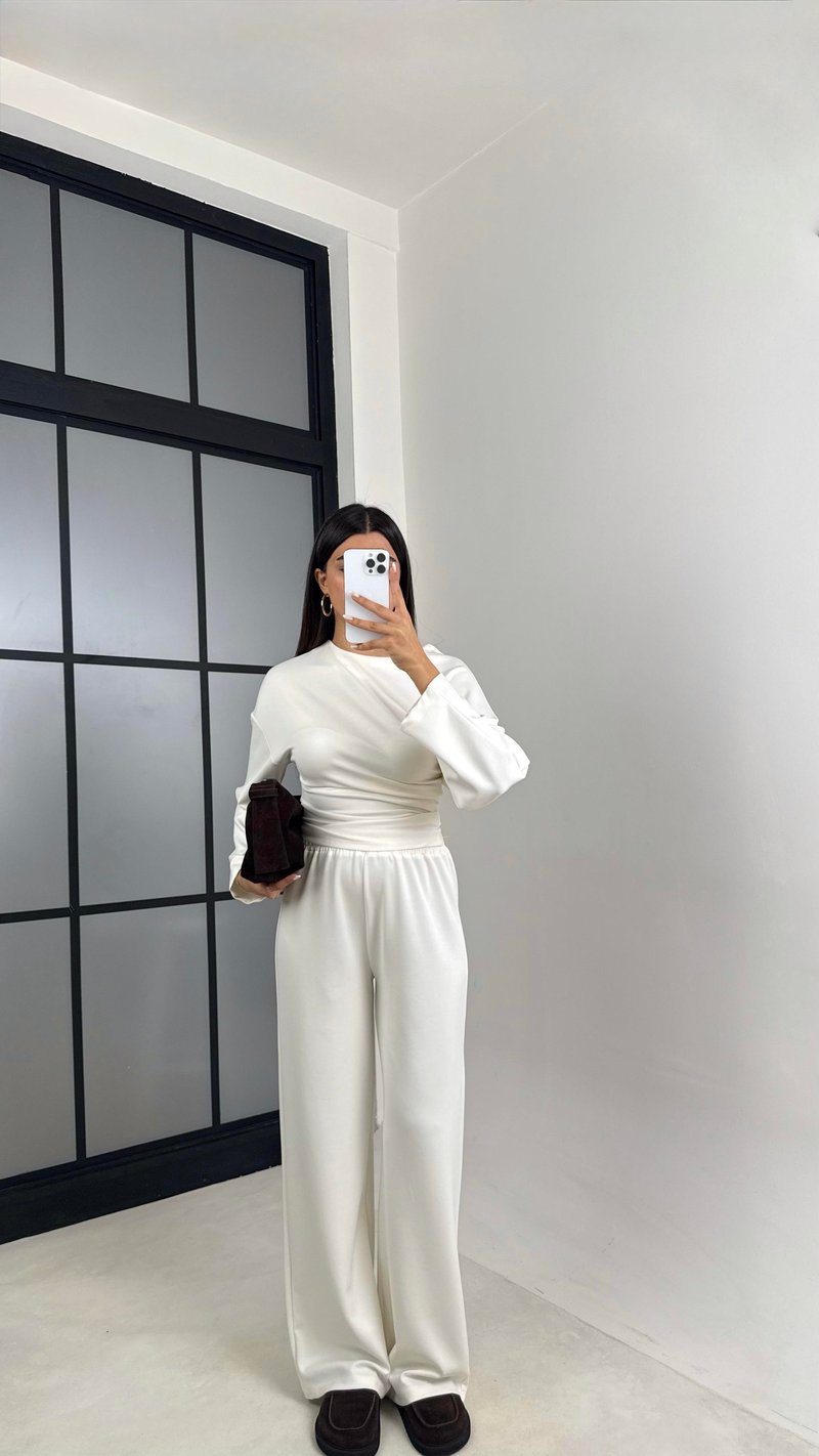 Ekru Yarasa Kol Bluz Beli Lastikli Pantolon Tasarım Modal Takım GAUS-00572