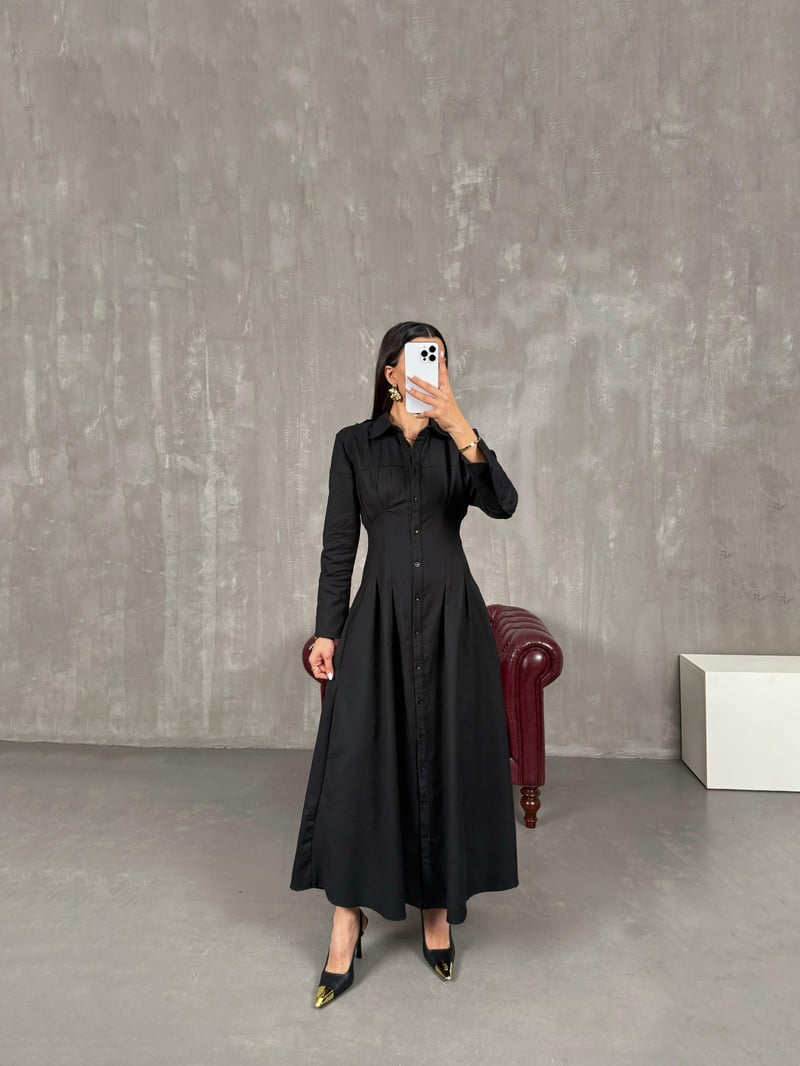 Ritmo Black Front Buttoned Pocket Gabardine Dress
