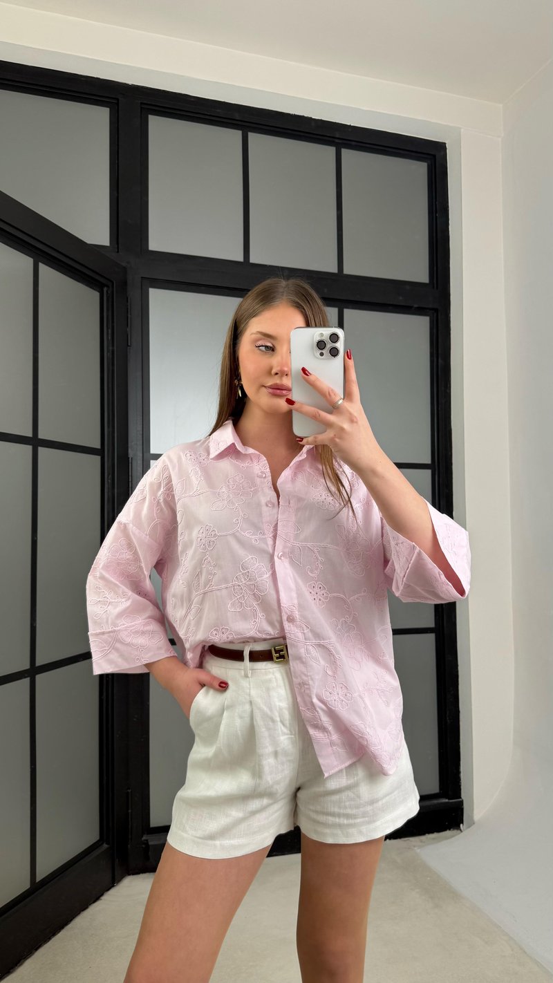 Pembe Çiçek Nakışlı Pinterest Gömlek GAUS-01268