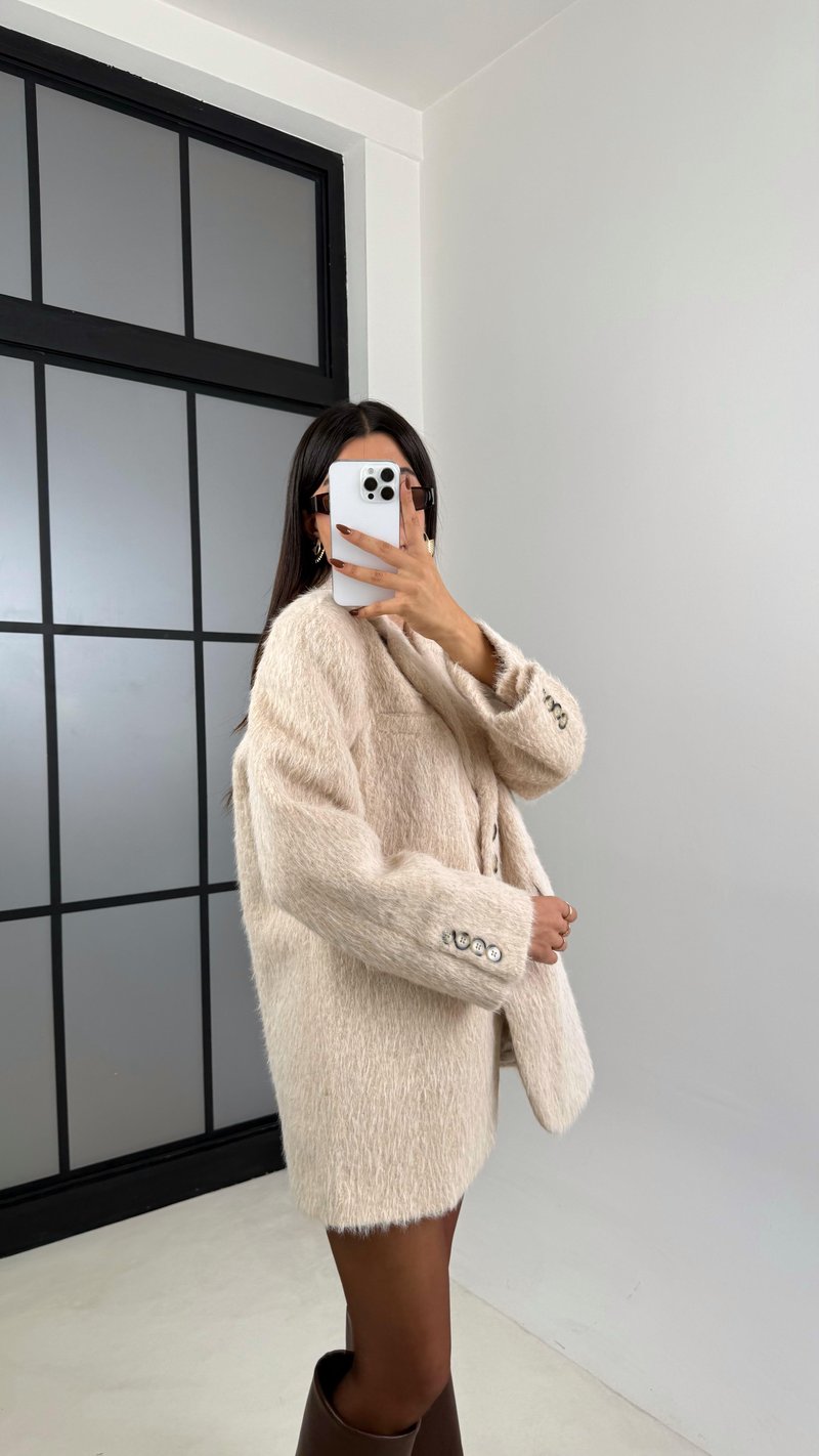 Ekru Astarlı Vatkalı Keçe Kumaş Blazer Ceket GAUS-00225