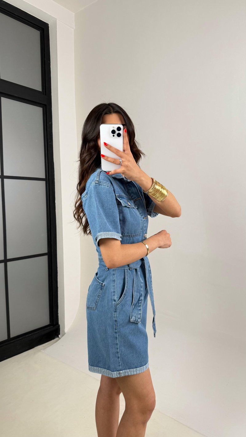 Mavi Kısa Kol Önü Düğmeli Kemerli  Denim Tulum Gaus00465