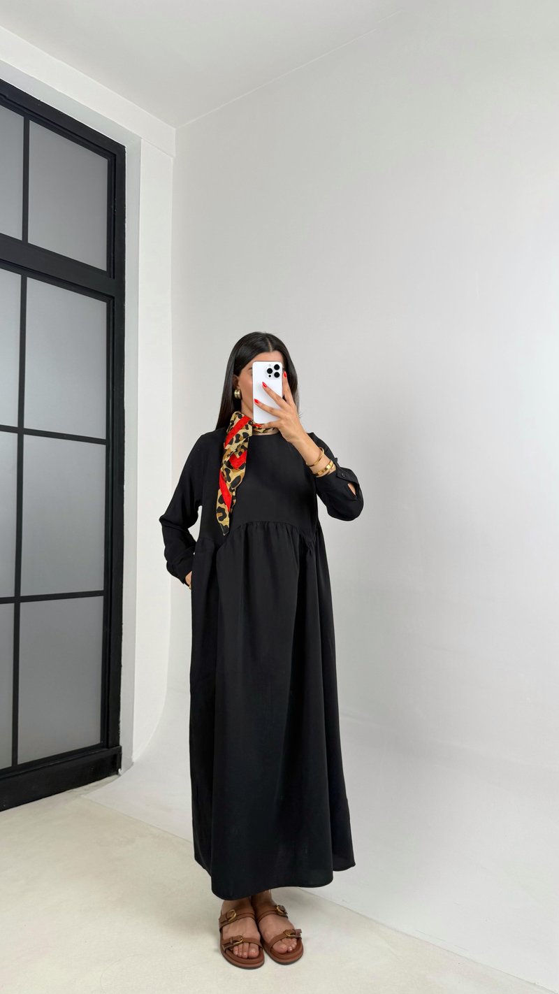 Siyah Altı Balon Uzun Kol Cep Detaylı Tencel Pinterest Elbise GAUS-0025