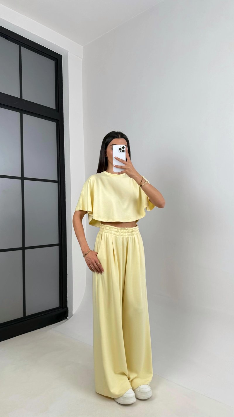 Sarı Crop Beli Lastikli Palazzo Eşofman İkili Modal Kumaş Takım GAUS-01219