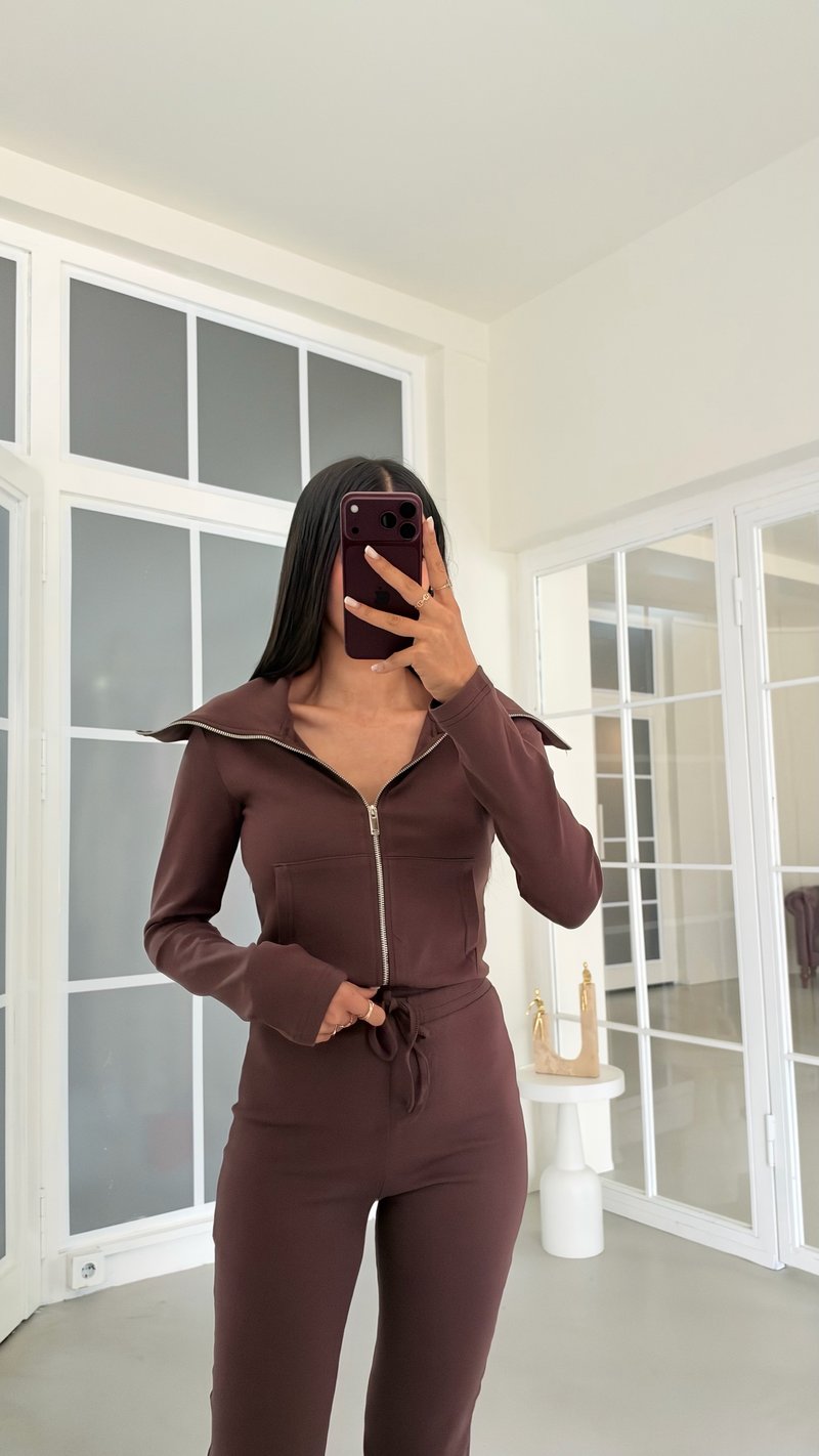 Kahve Geniş Yakalı Crop Hırka Beli Lastikli Eşofman İkili Basic Takım GAUS-02156