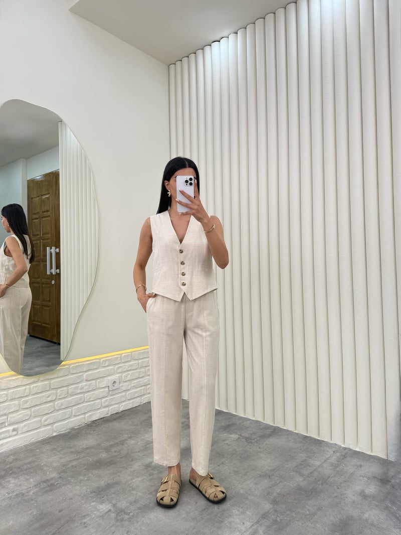 Taş Yelekli Beli Lastikli Pantolon İkili Keten Takım Gaus00276