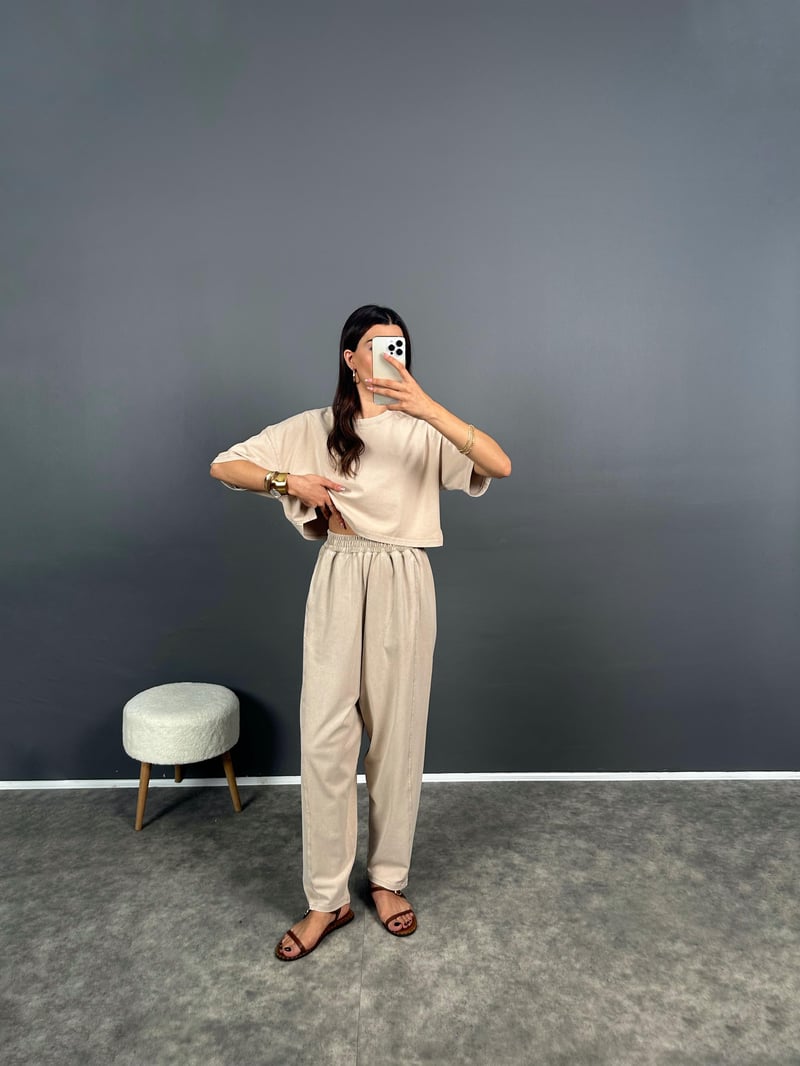 Ava Taş Yıkama Tshirt Pantolon İkili Takım 