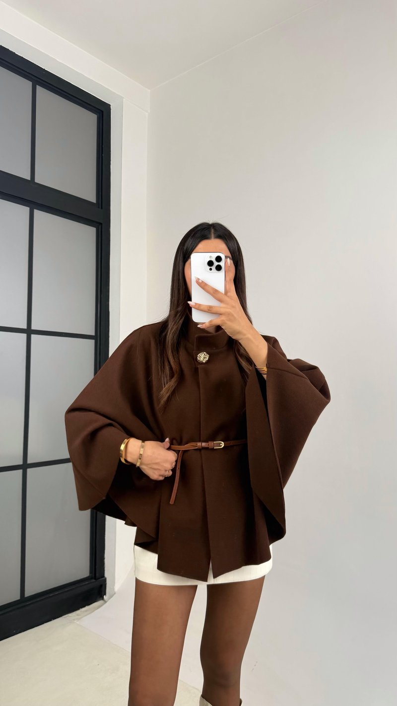 Acı Kahve Gina ZR Model Kemerli Kaşe Panço GAUS-0091