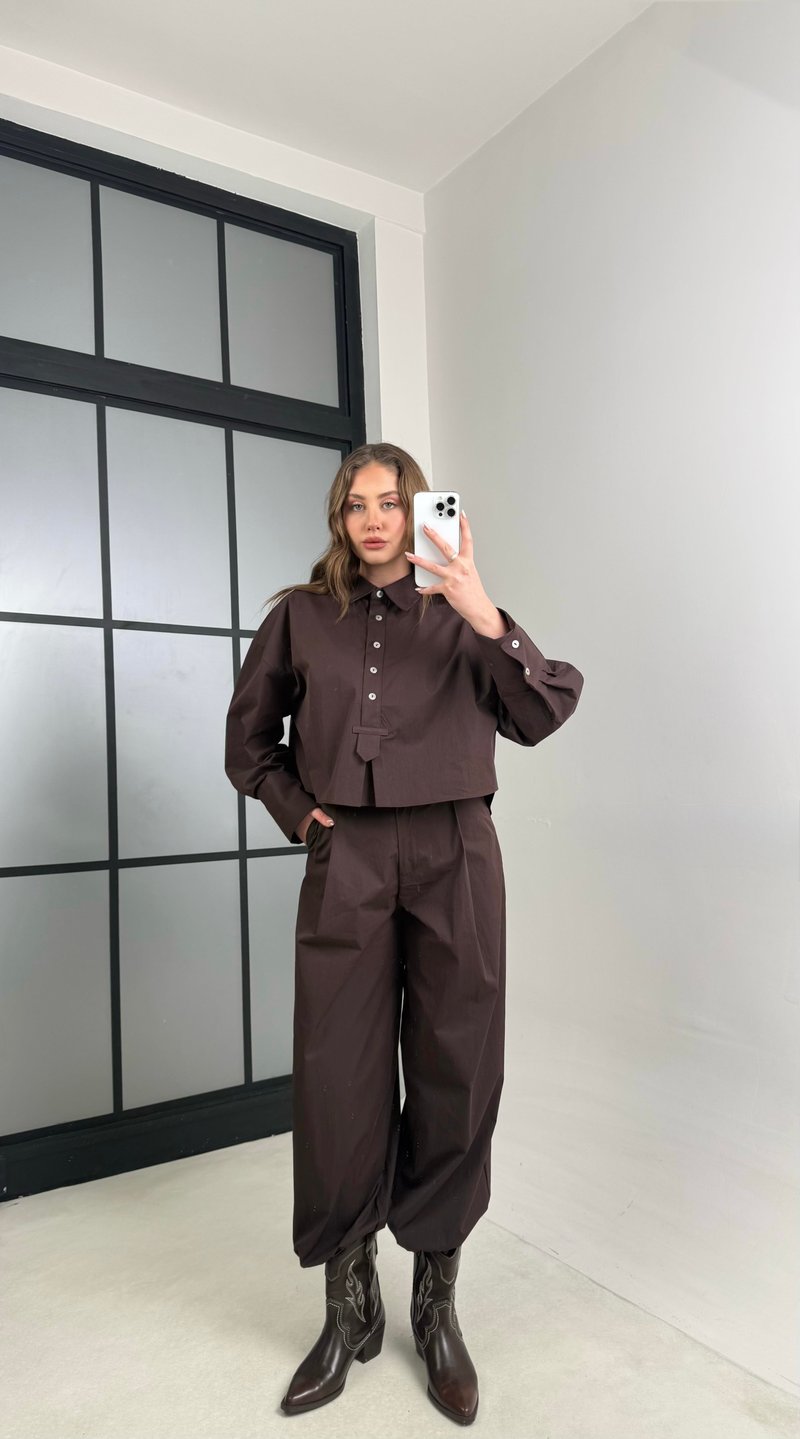 Acı Kahve Gömlek Paça Lastikli Pantolon İkili Takım GAUS-01114