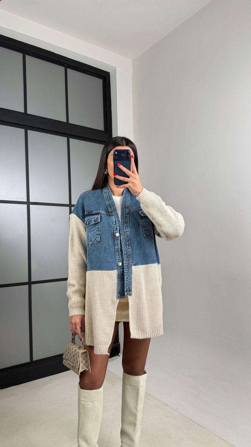 Taş Denim Detaylı Triko Hırka GAUS-01002