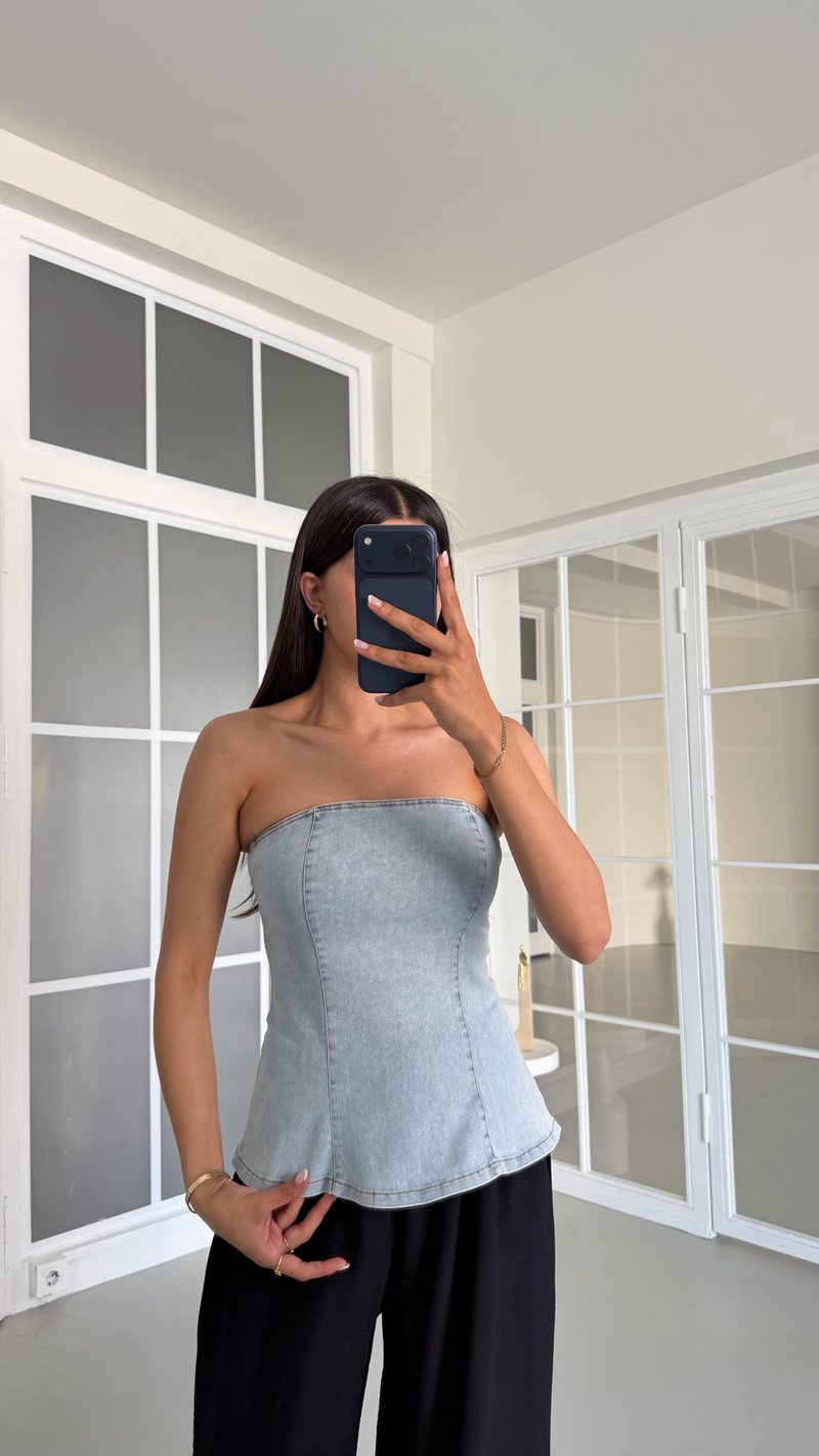Açık Mavi Starplez Denim Korse Bluz GAUS-01623