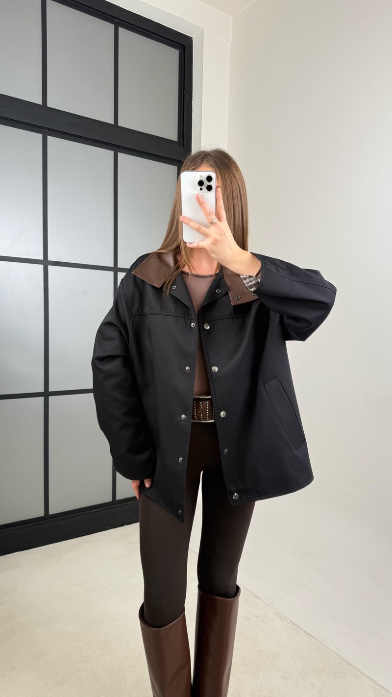 Siyah Deri Yaka Detaylı Astarlı Muadil Ceket GAUS-00732