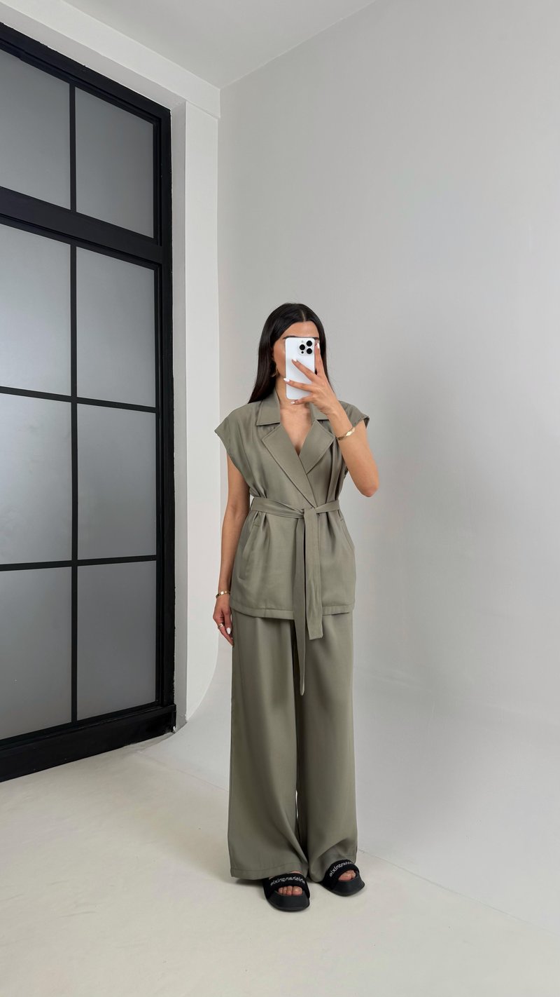 Haki Cepli Kuşaklı Yelek Beli Lastikli Pantolon Tencel Takım Gaus00433