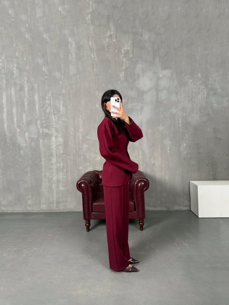 Roni Bordo Belden Oturtmalı Ceket Pantolon Premium Takım