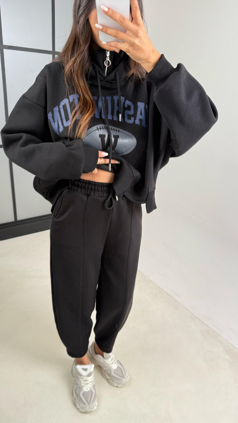 Siyah Kapüşonlu Sweatshirt Beli Lastikli Pantolon 3 İplik Şardonlu Takım GAUS-00530