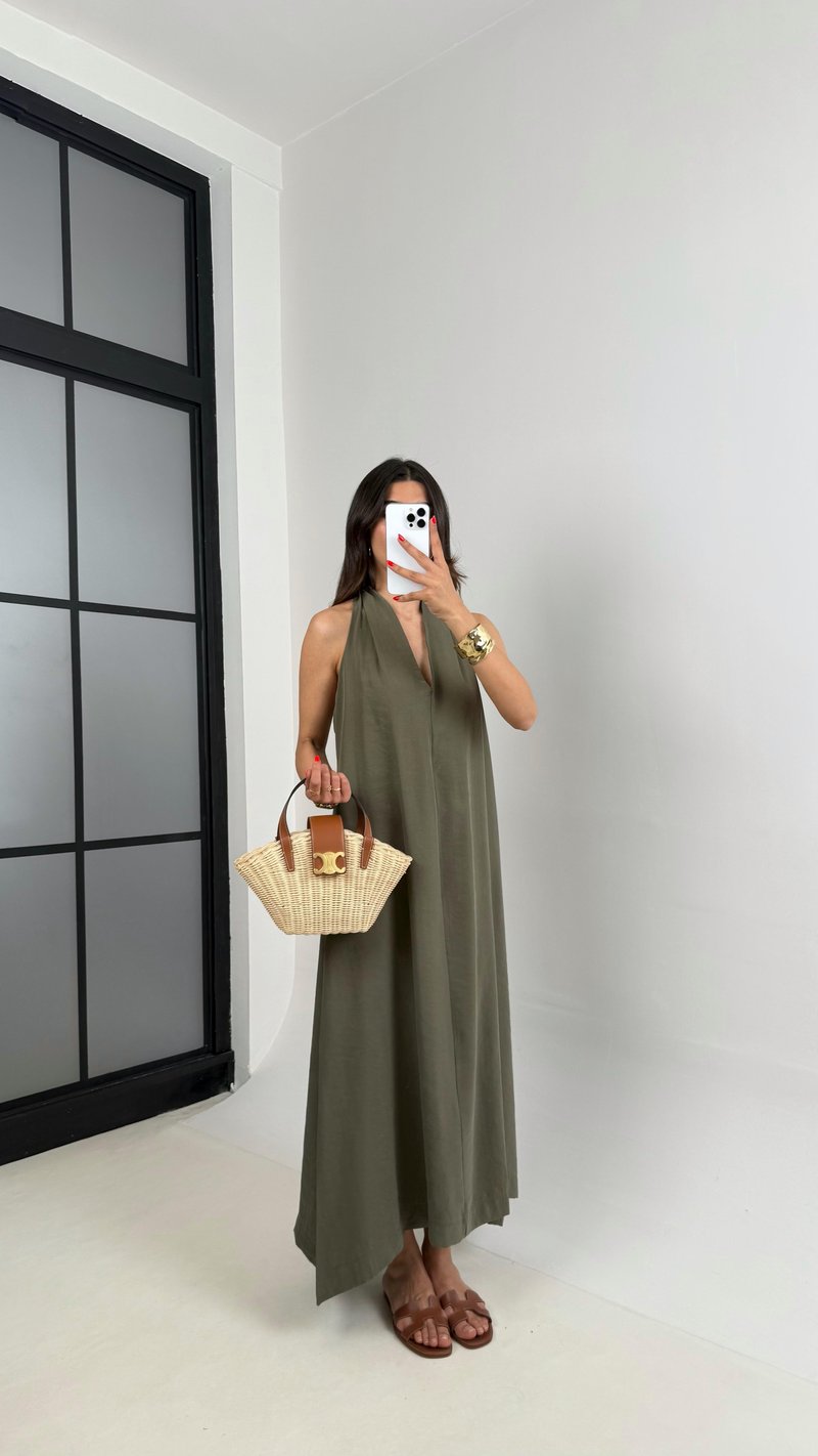 Haki V Yaka Sırt Detaylı Premium Tencel Elbise Gaus00481 